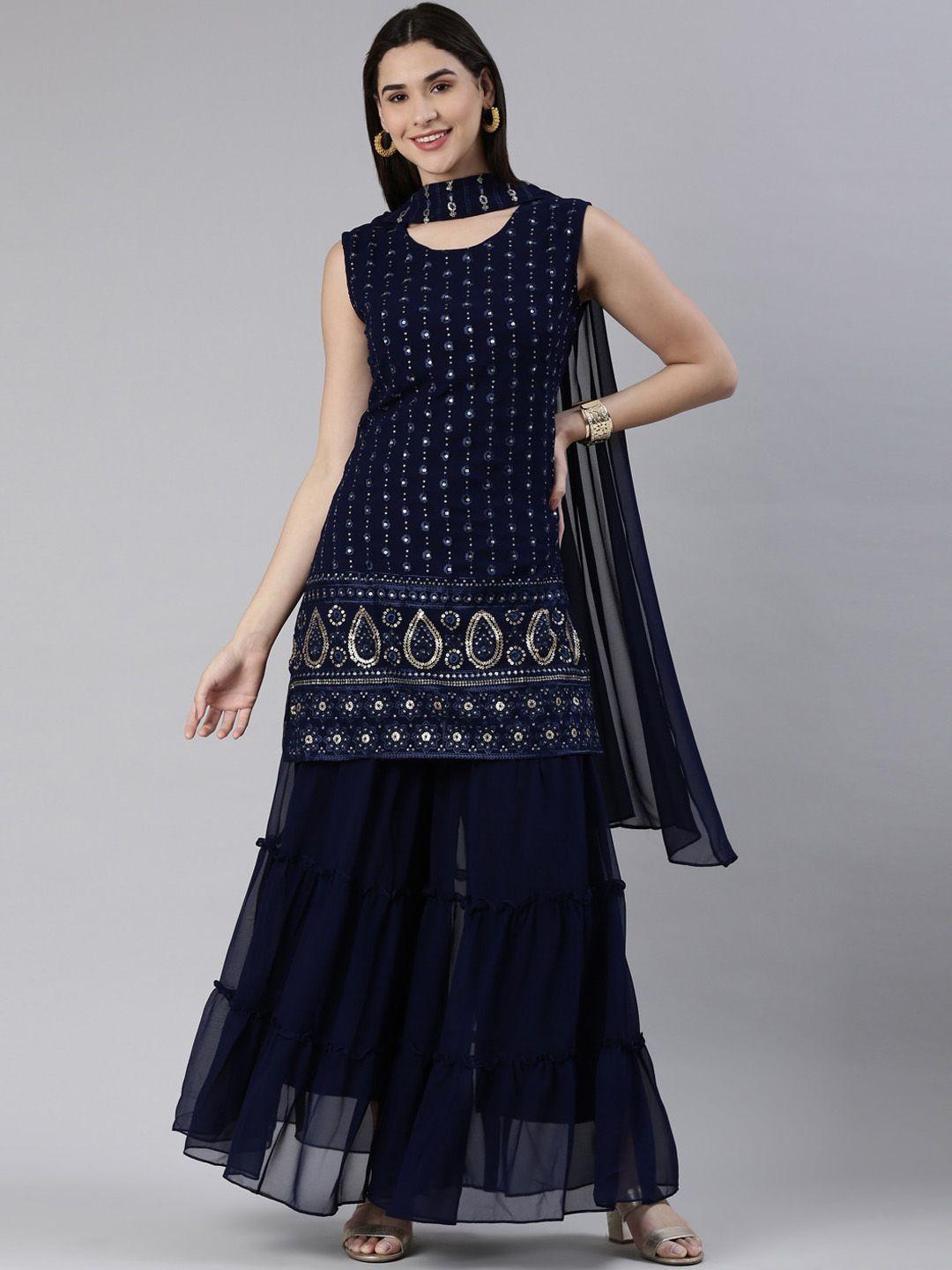 kalini floral embroidered sequined kurta with sharara & dupatta