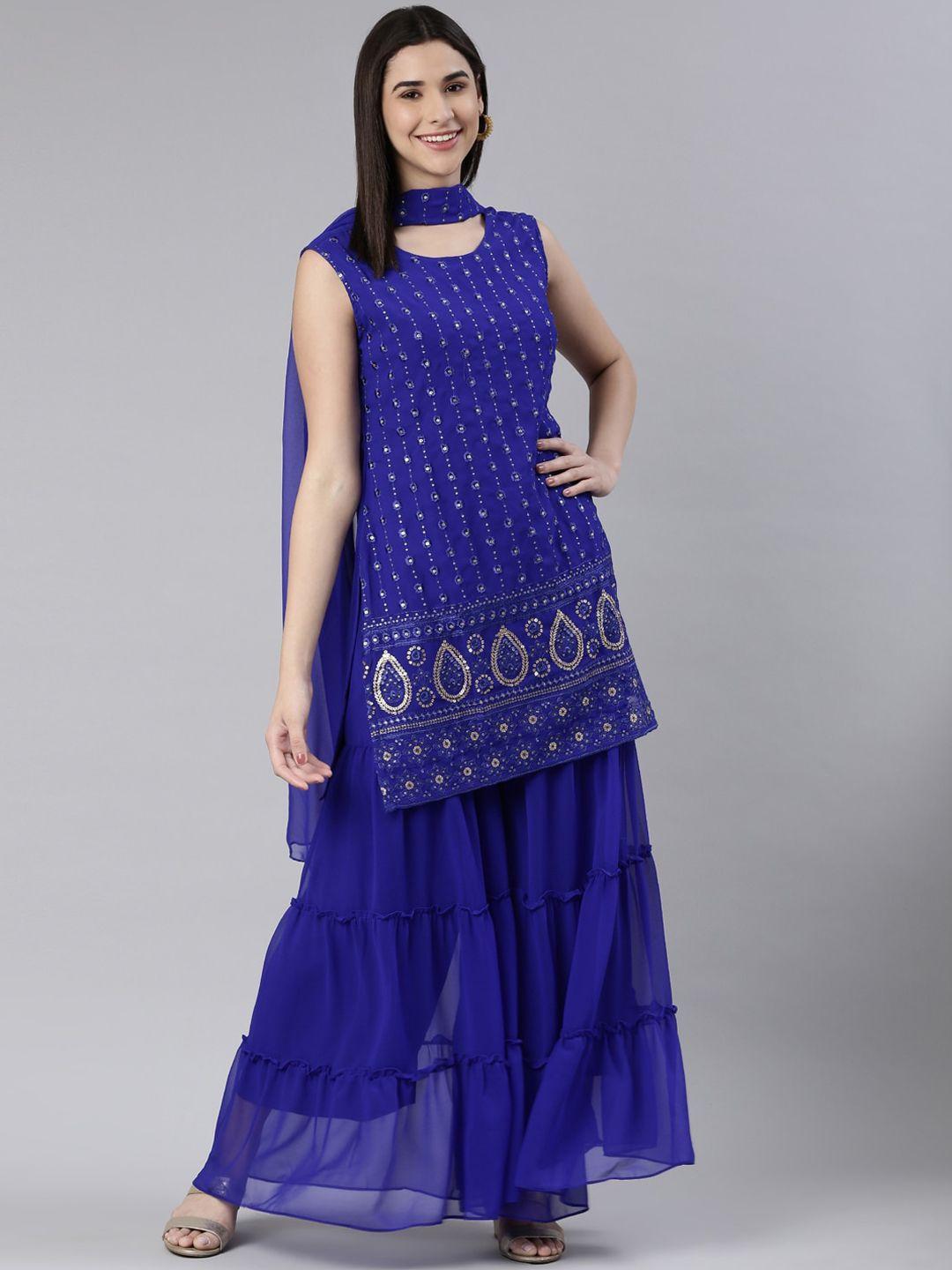 kalini floral embroidered sequined kurta with sharara & dupatta