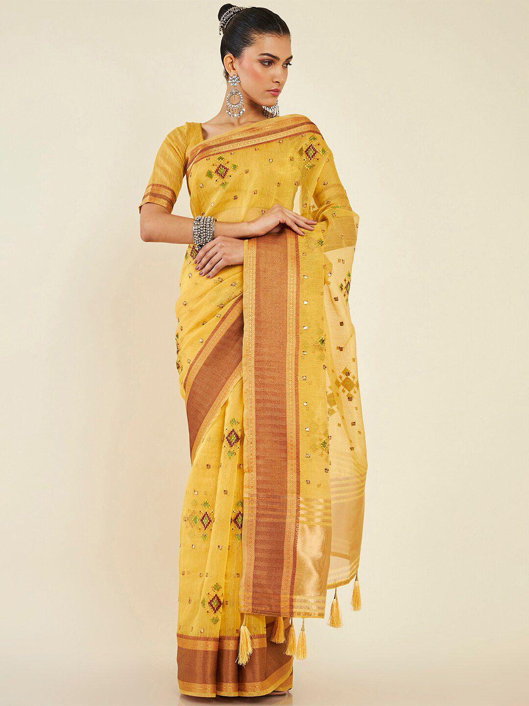 soch floral embroidered zari tissue saree