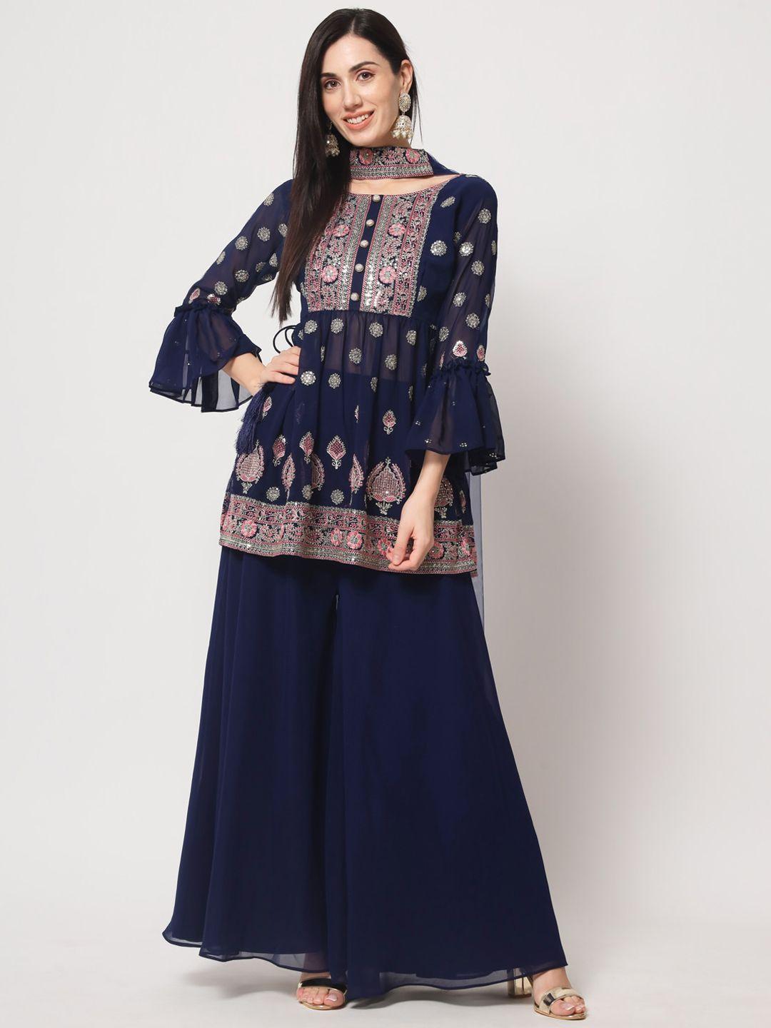 kalini floral embroidered thread work kurti with sharara & dupatta