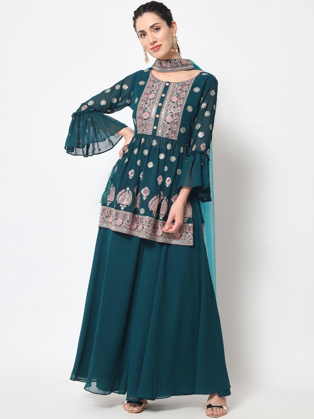 kalini floral embroidered sequined georgette anarkali kurta with palazzos & dupatta