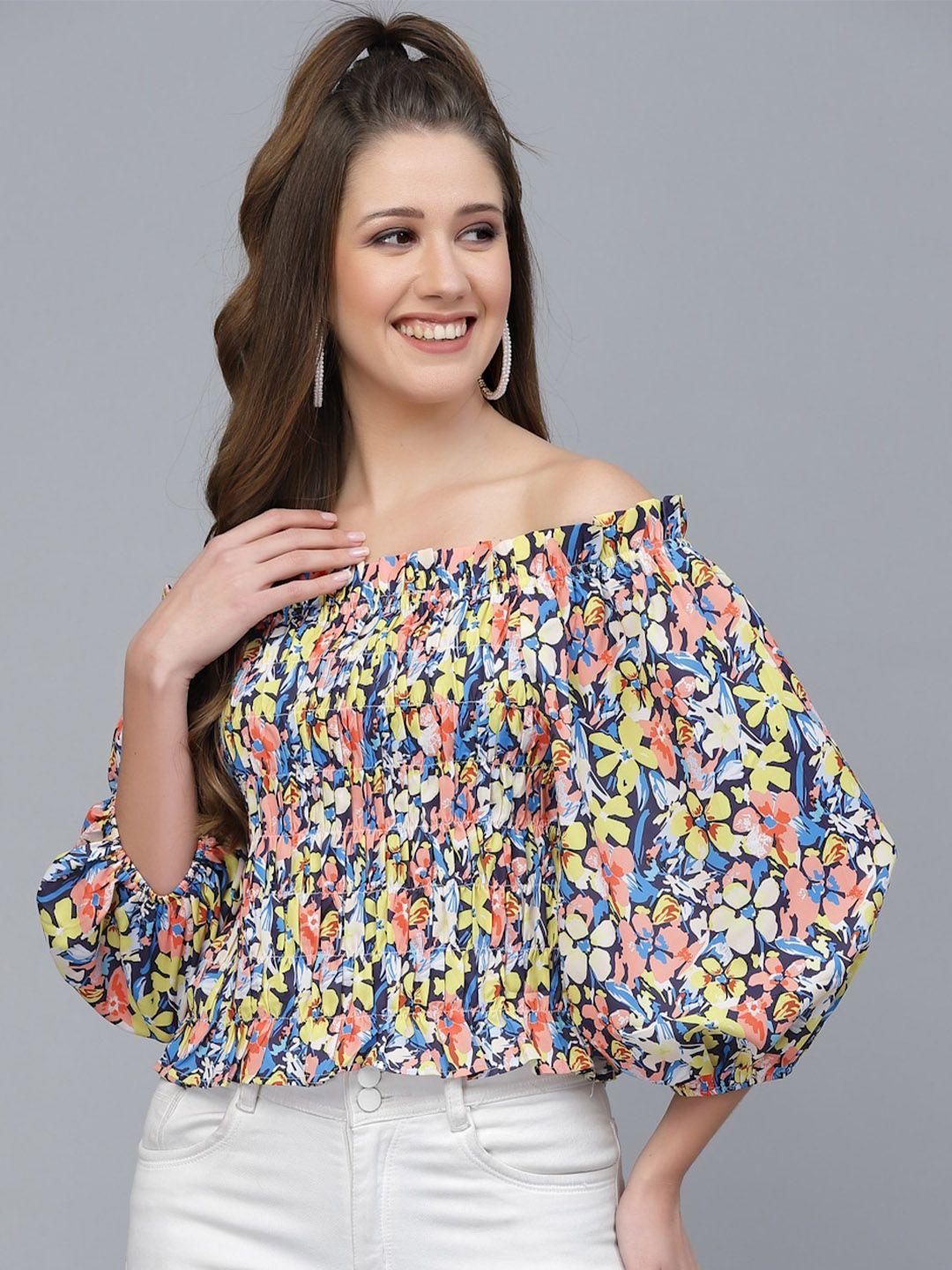 mafadeny yellow floral print off-shoulder bardot top