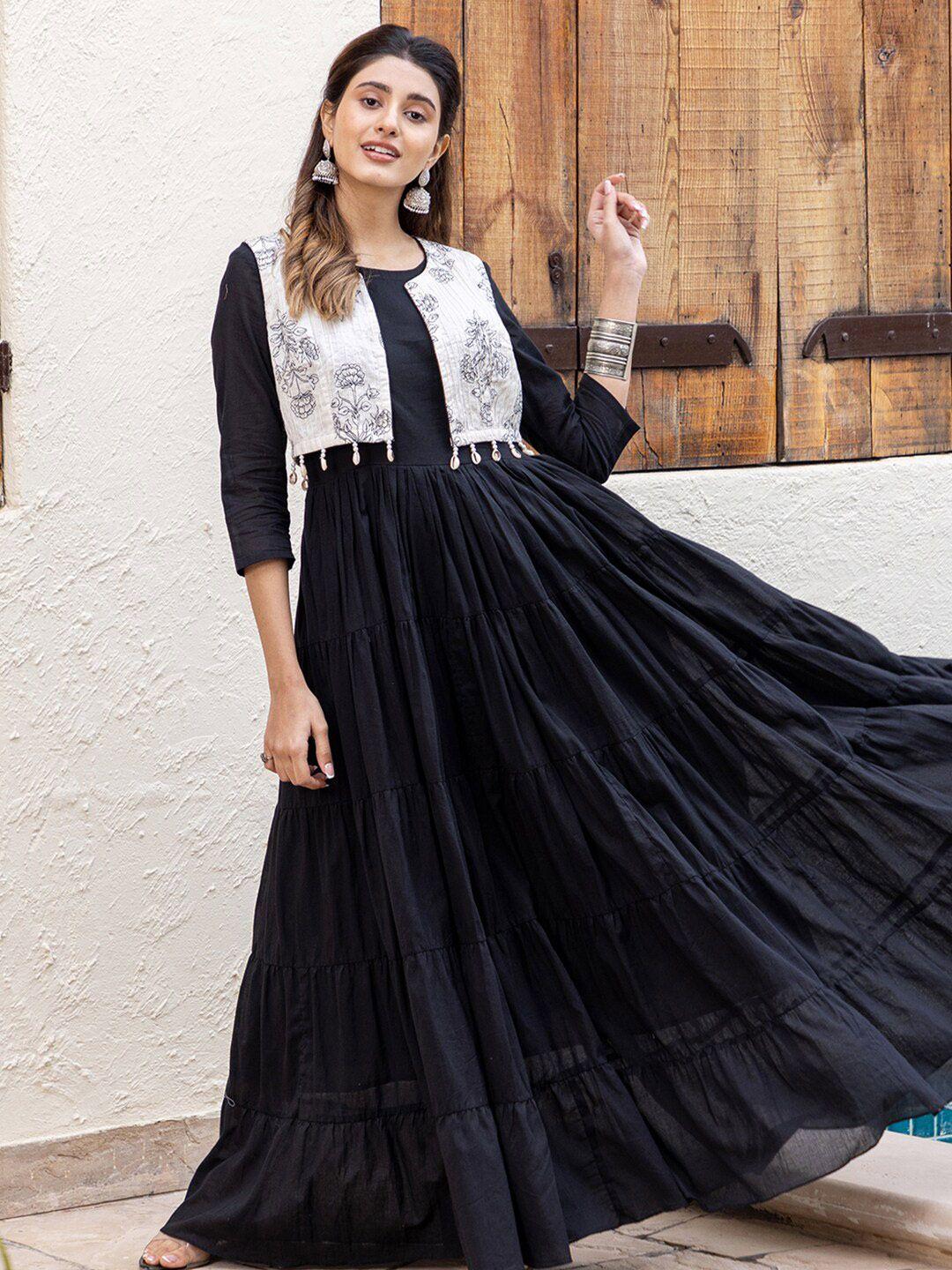 ambraee tiered gathered or pleated cotton fit and flare ethnic dress with jacket