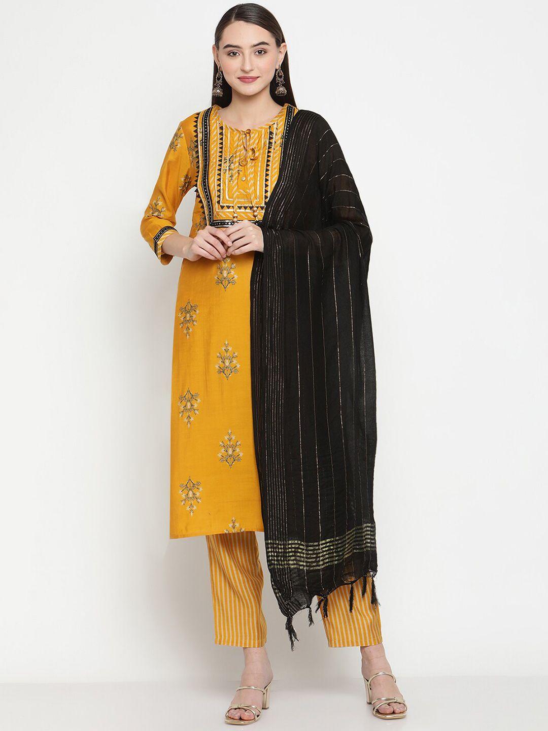 be indi ethnic motif printed tie up neck thread work kurta with trousers & dupatta