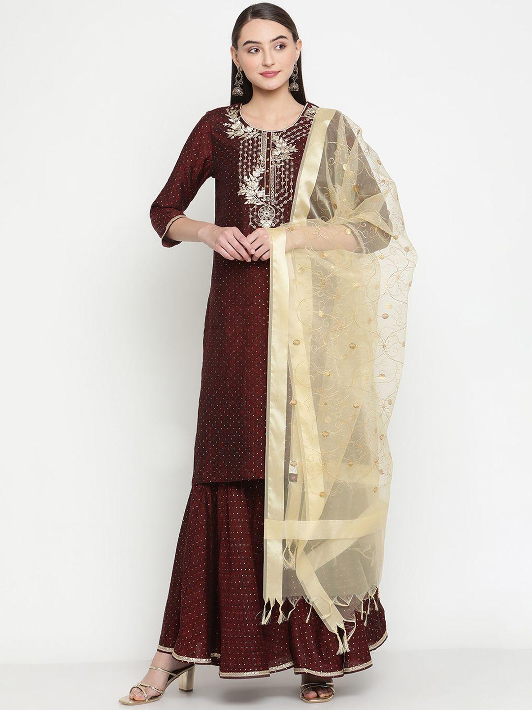 be indi ethnic motifs printed thread work kurta with sharara & dupatta