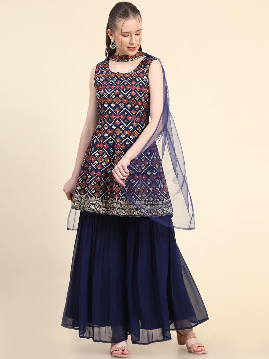 kalini floral embroidered layered kurta with sharara & dupatta