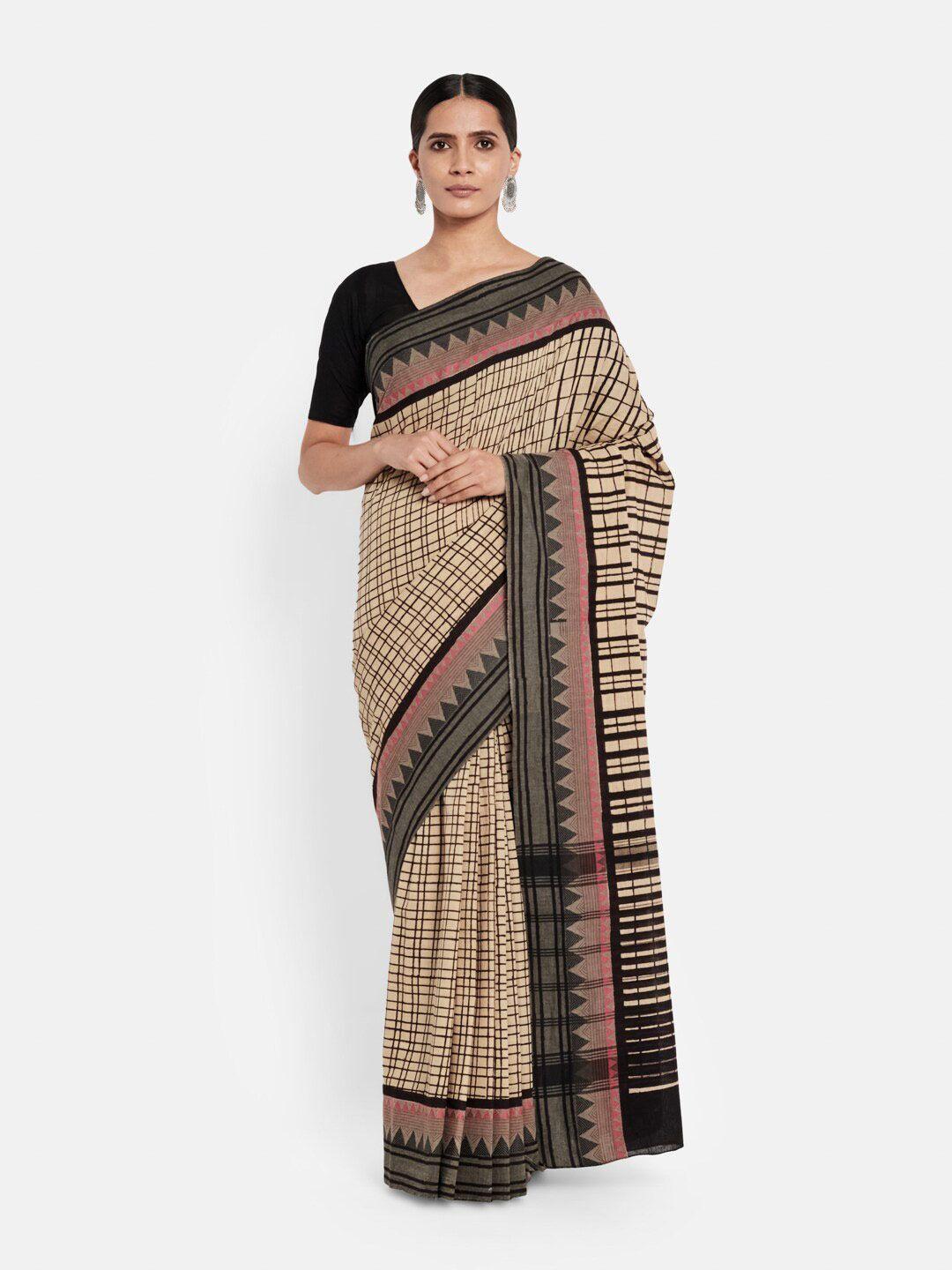 fabindia checked pure cotton block print saree