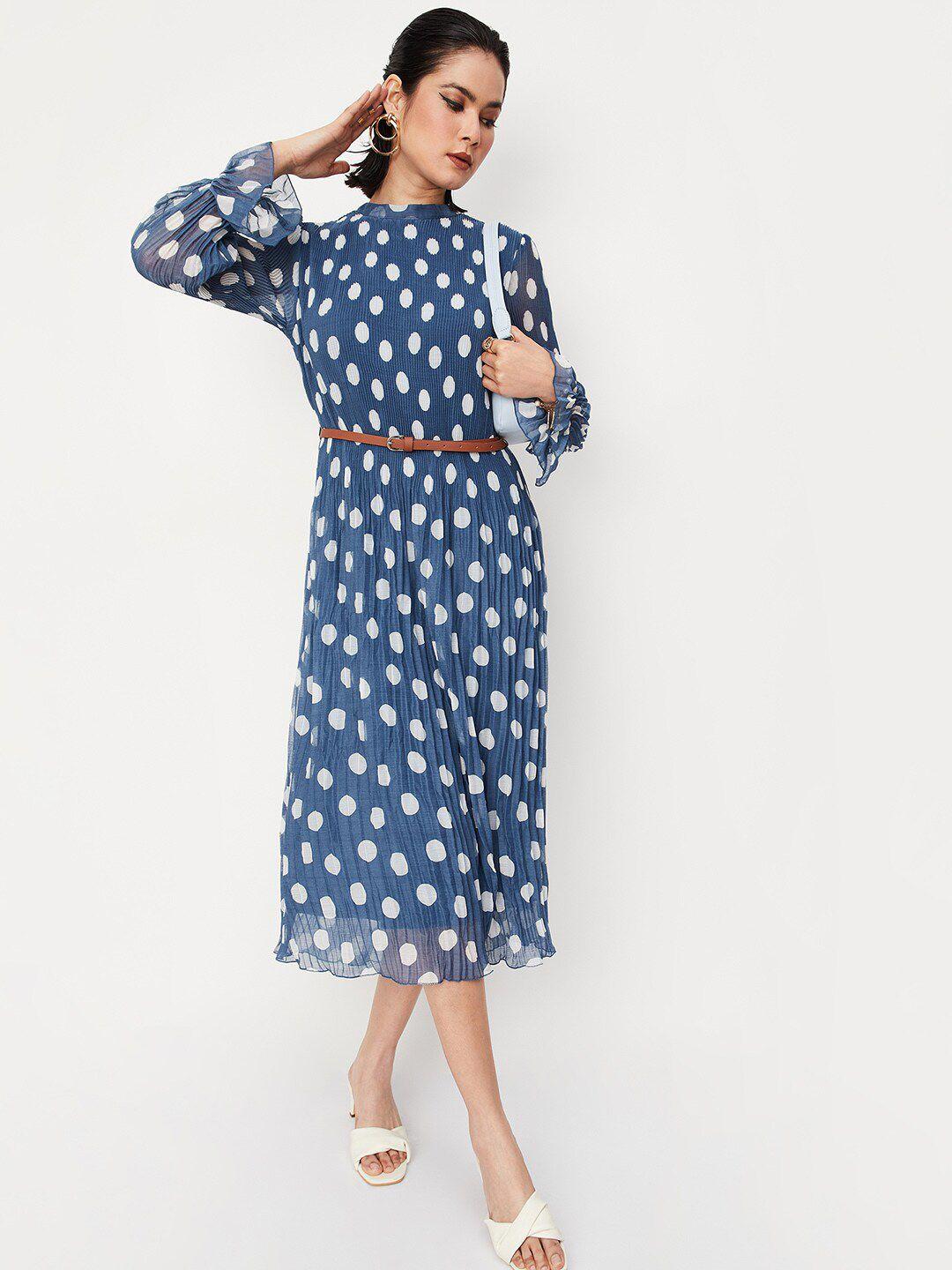 max polka dots printed accordion pleats fit & flare midi dress