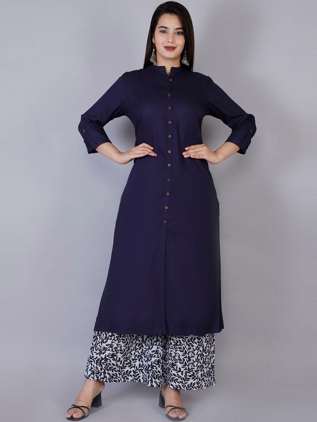 doriya band collar panelled a-line kurta with palazzos