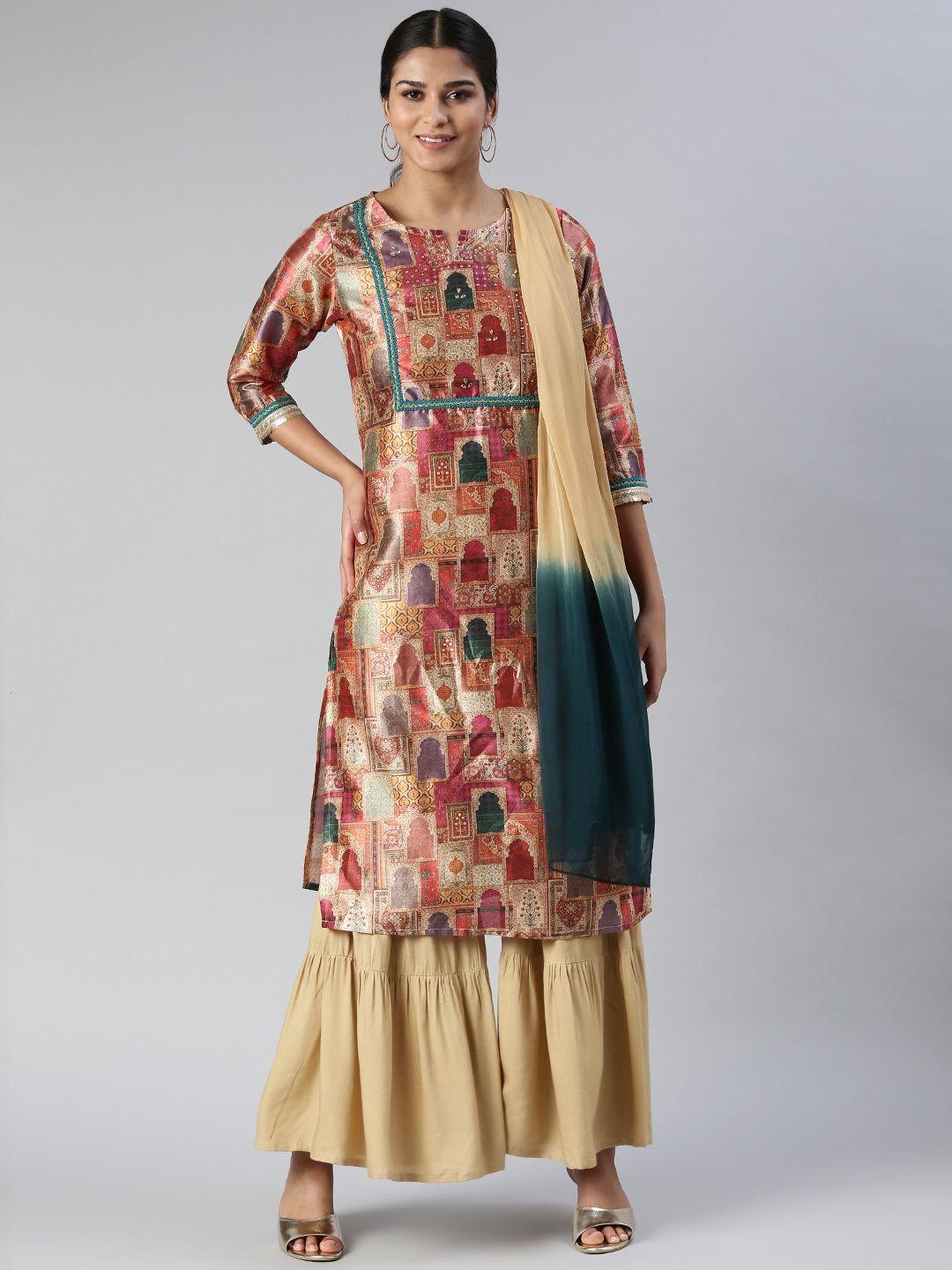 jaipur prime ethnic motifs yoke design regular beads & stones kurta with sharara & dupatta