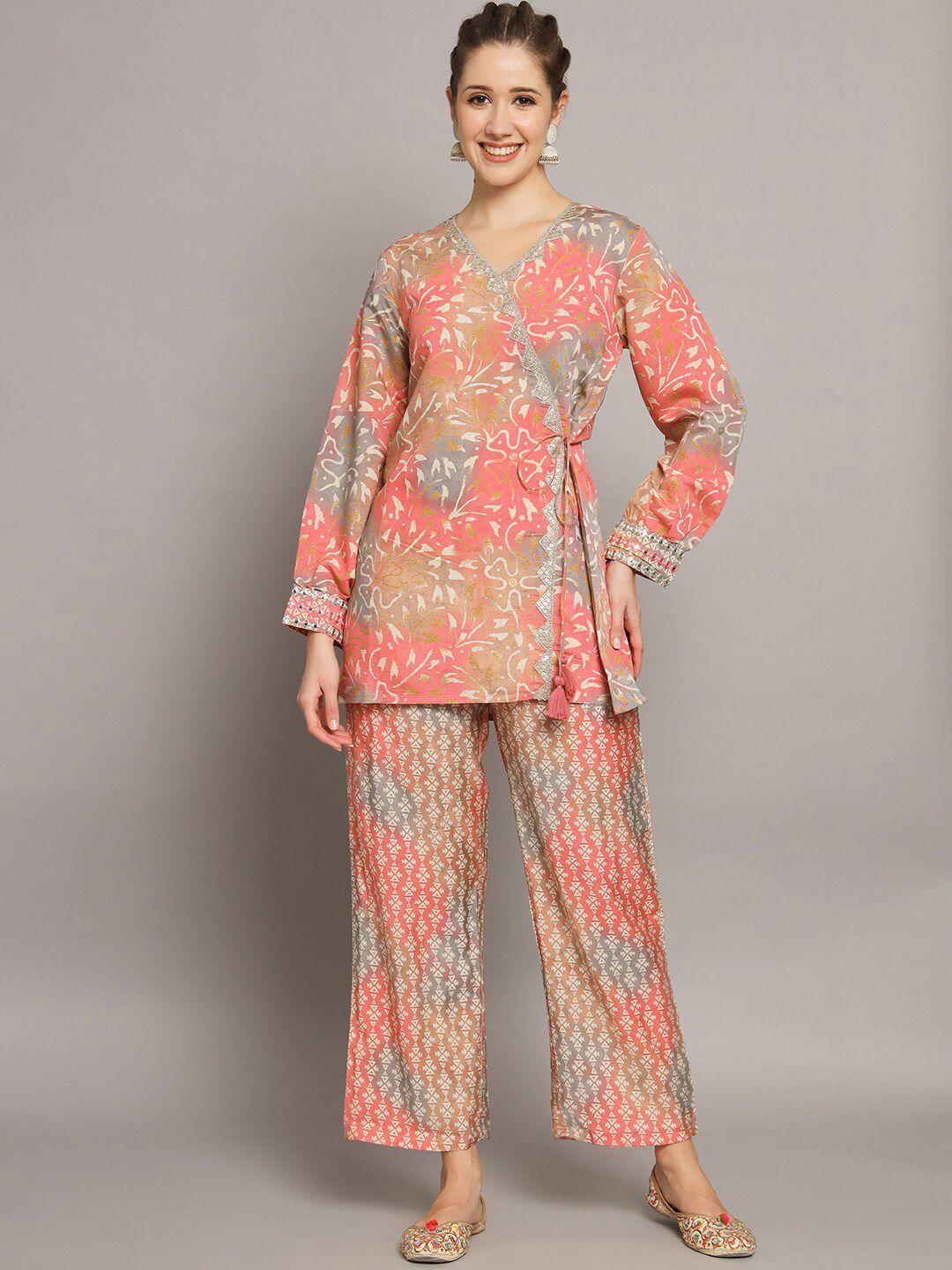 silai bunai floral printed angrakha kurti with palazzos