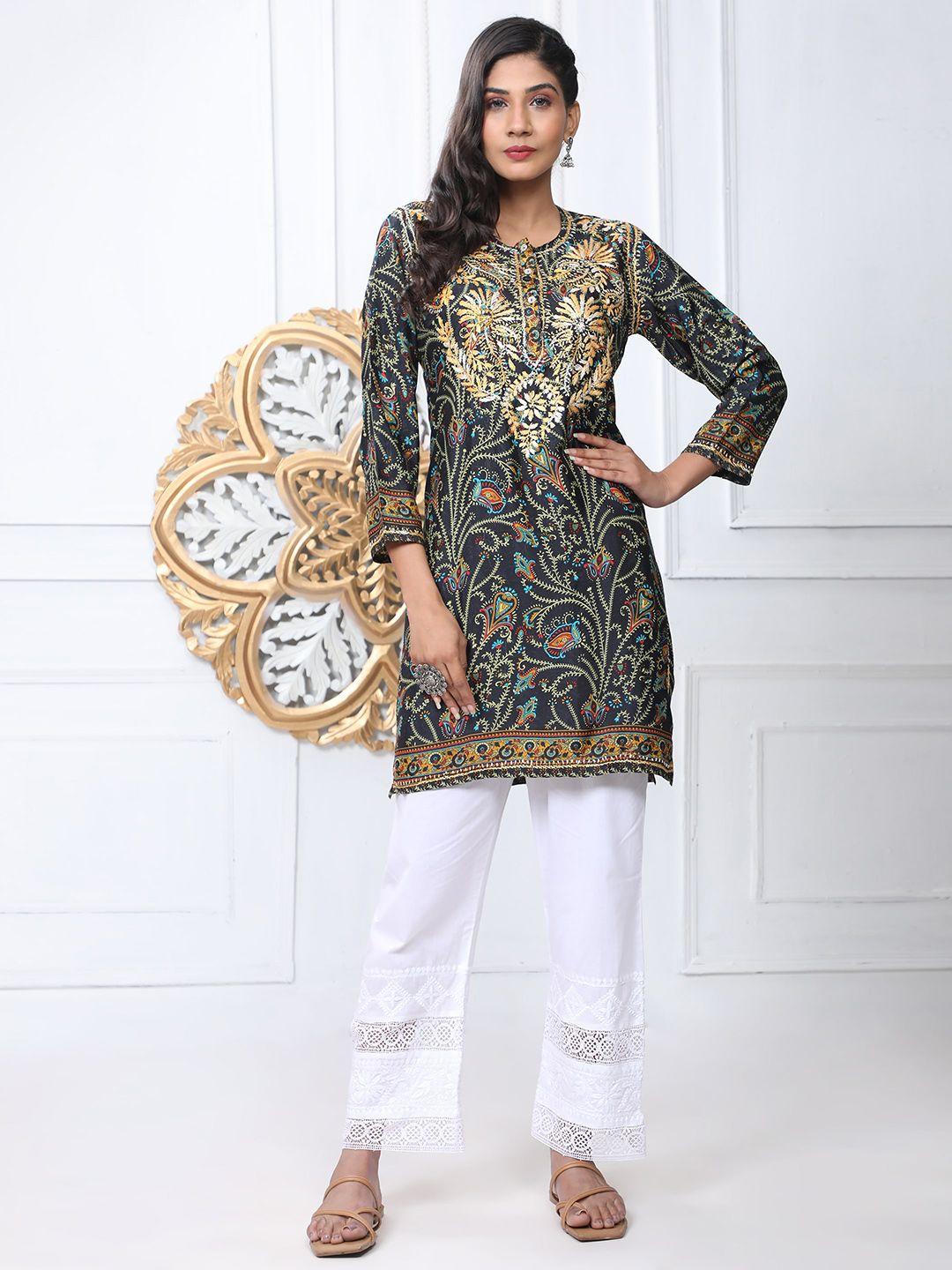 house of kari floral embroidered chikankari round neck tunic