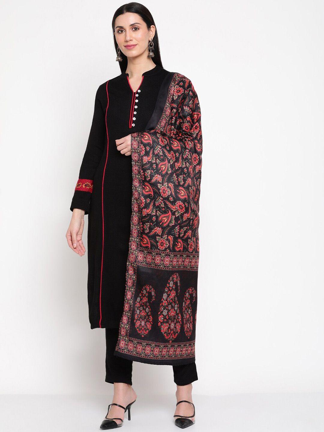 be indi panelled band collar wool kurta with trousers & dupatta