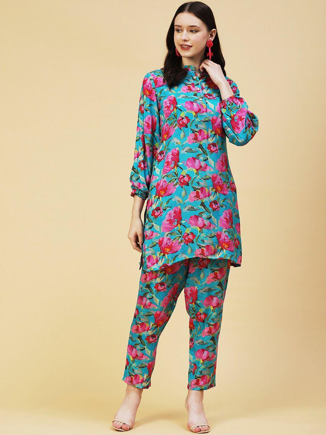 envy me by fashor floral printed band collar kurta with trousers