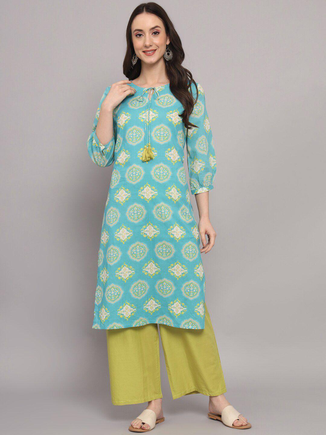 sutidora tie-up neck ethnic motifs printed straight pure cotton kurta with palazzos