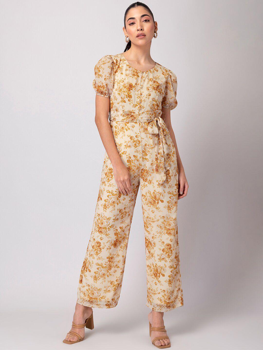 faballey yellow & beige printed basic jumpsuit