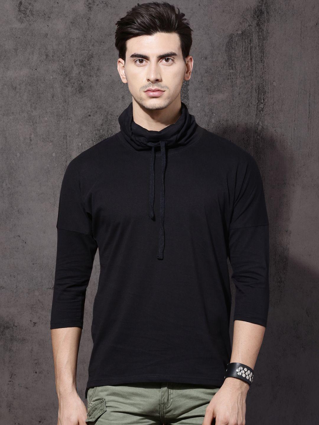 roadster men black solid cowl neck t-shirt