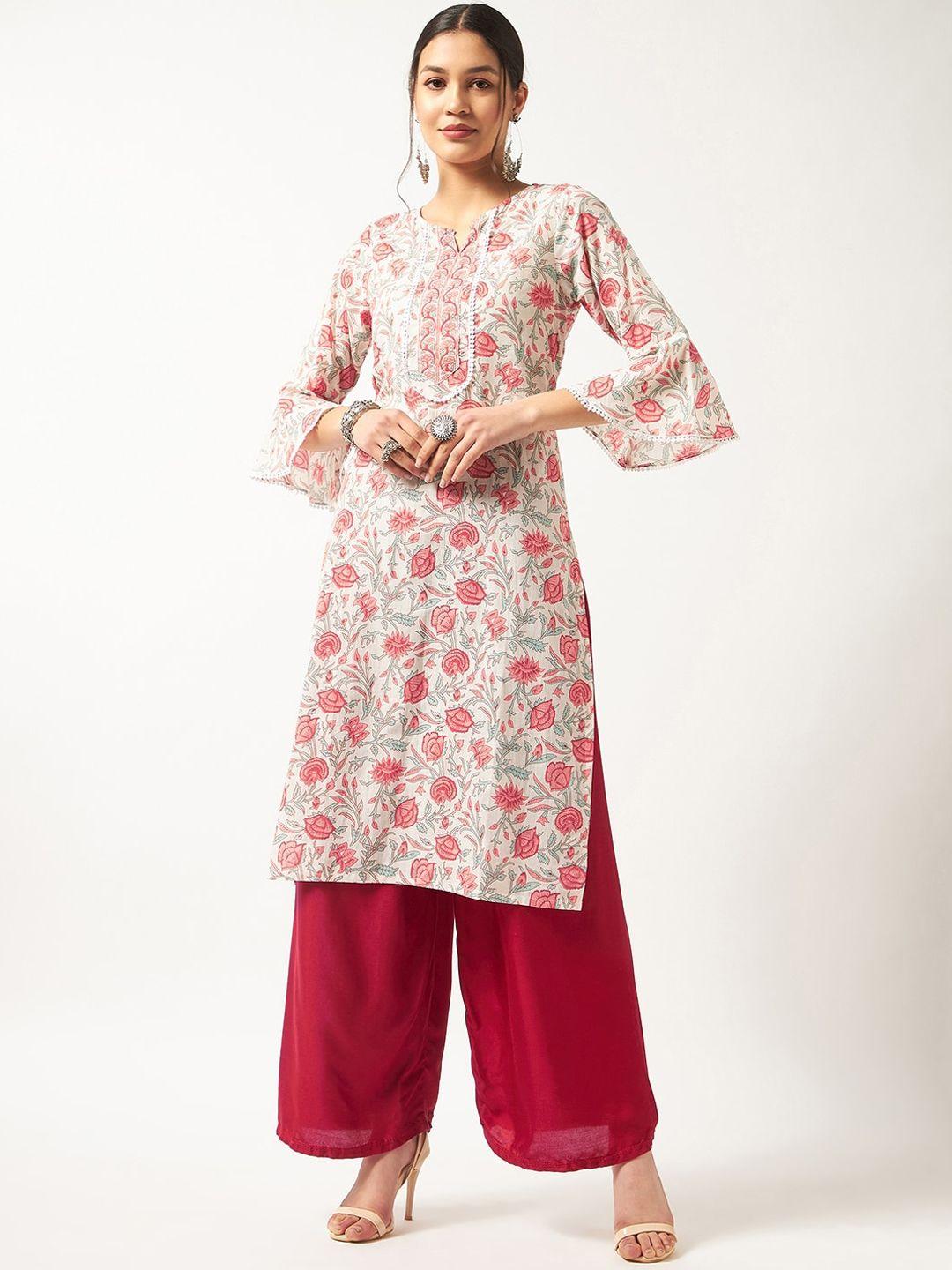 pannkh floral printed roun neck bell sleeves pure cotton kurta