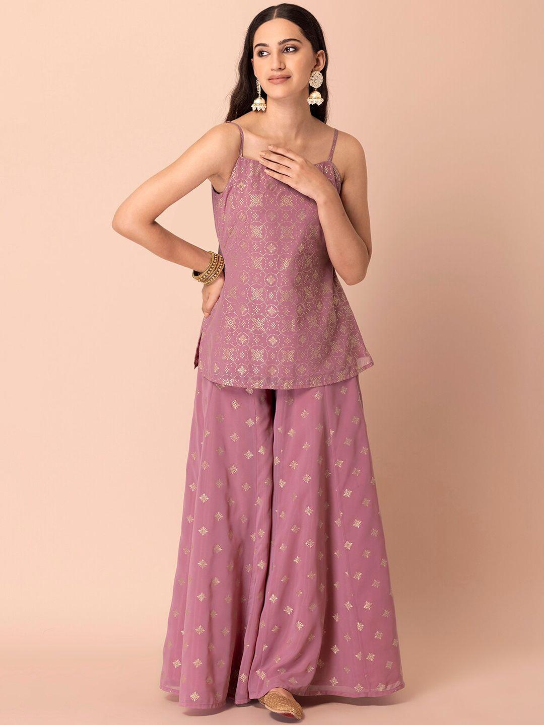 indya ethnic motifs foil printed straight kurti with palazzo