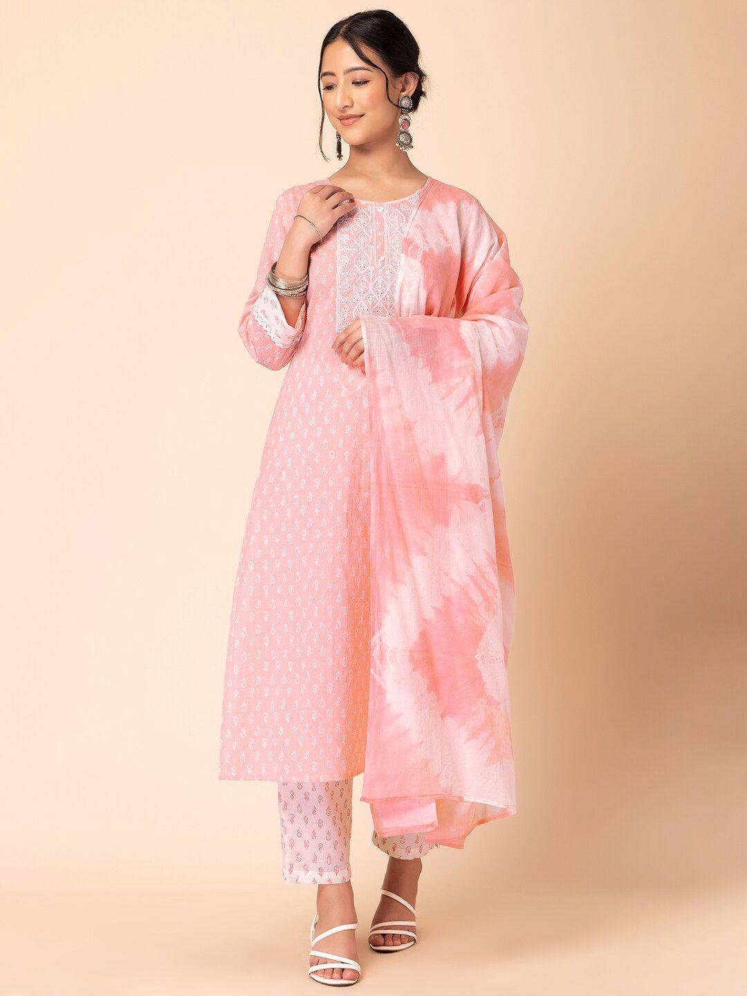 indya batik printed thread work pure cotton straight kurta with trouser & dupatta