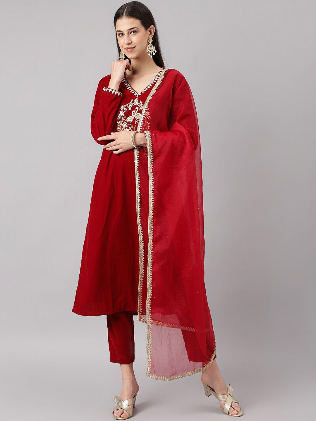 divena floral embroidered zardozi velvet kurta with trousers & dupatta