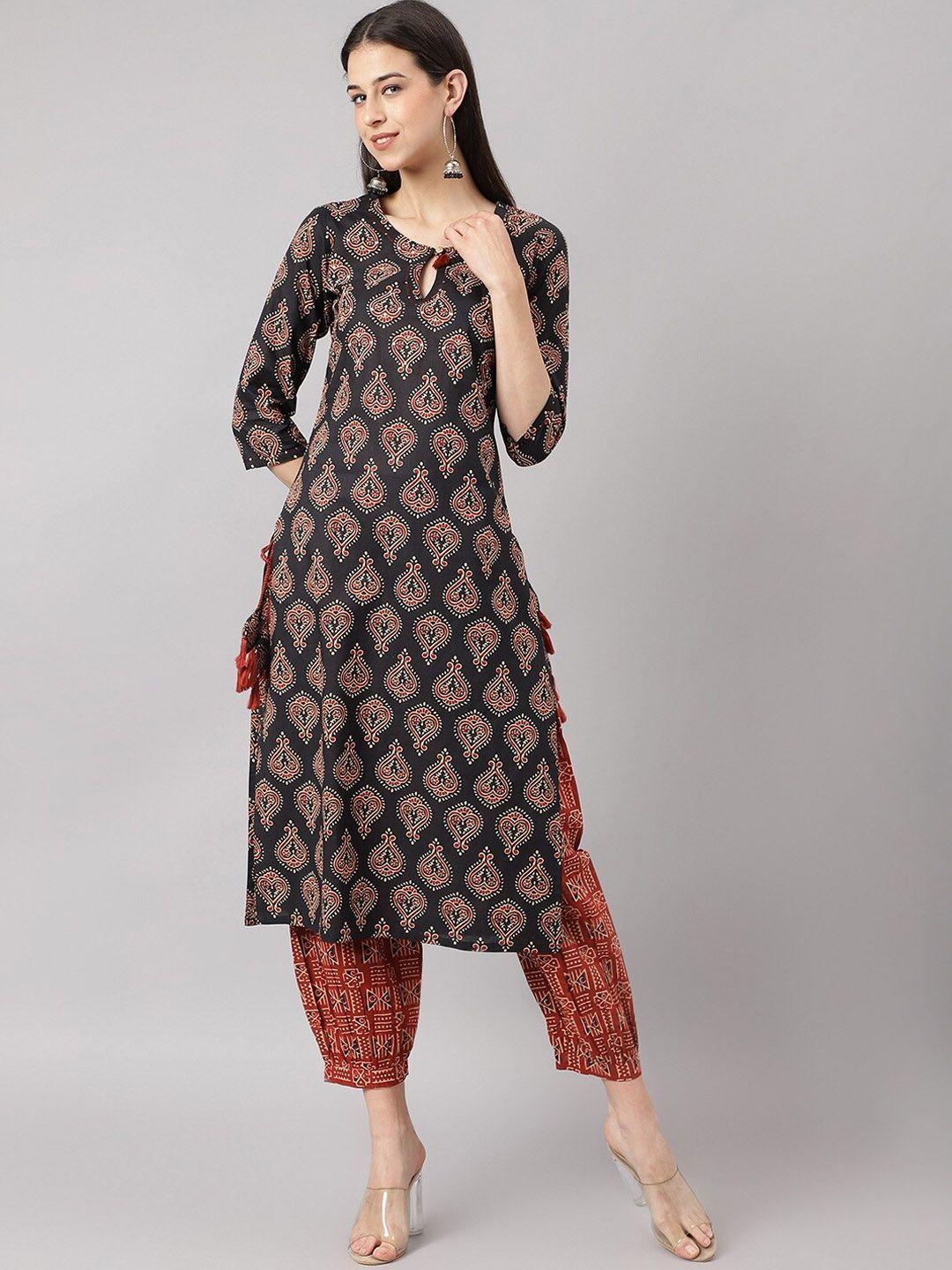 divena ethnic motifs printed thread work keyhole neck pure cotton kurta with salwar