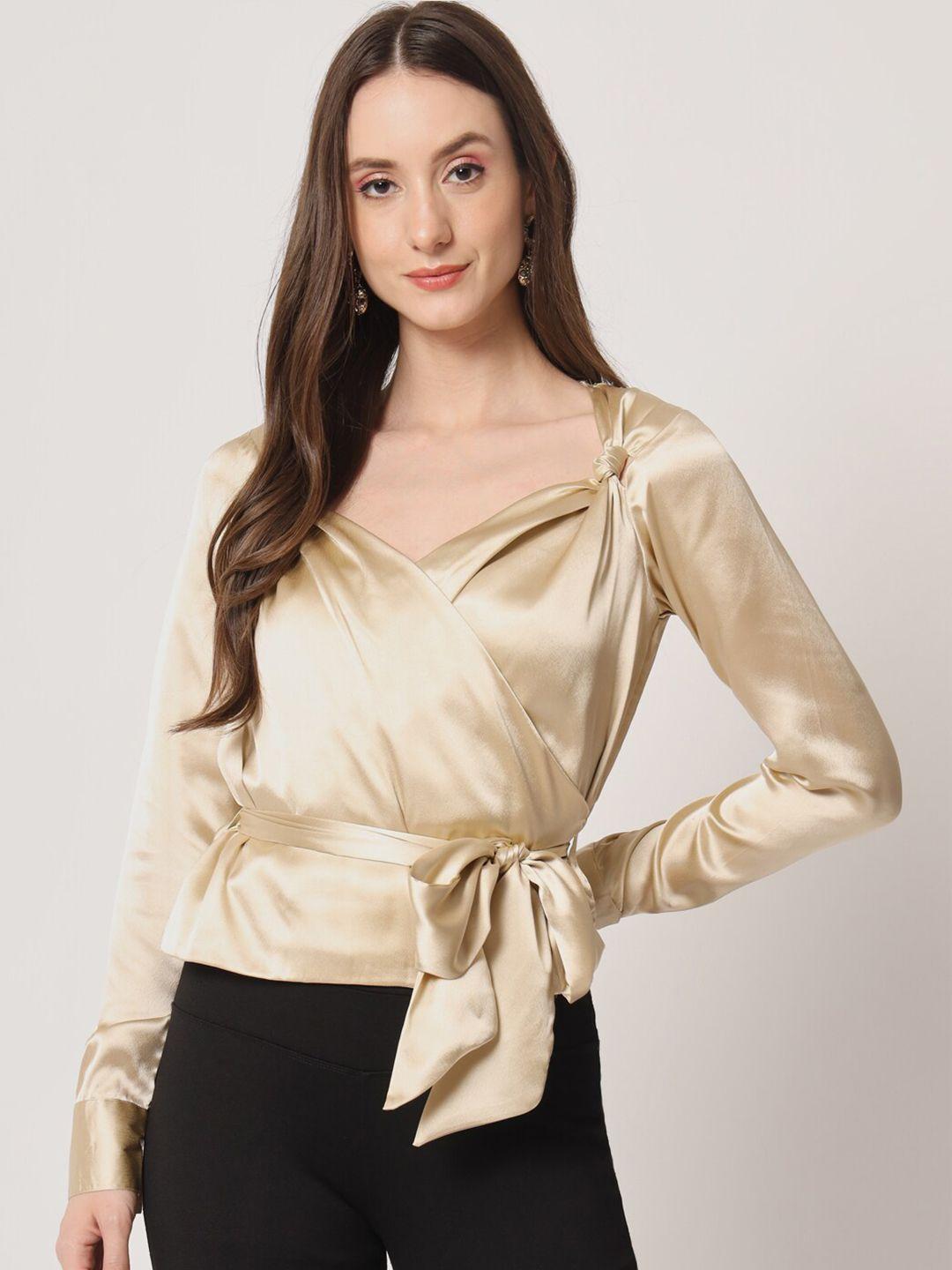 trend arrest satin sweetheart neck blouson cuffed sleeves top