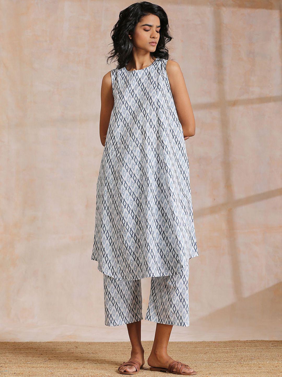 truebrowns printed sleeveless ikat pure cotton a-line kurta with trousers