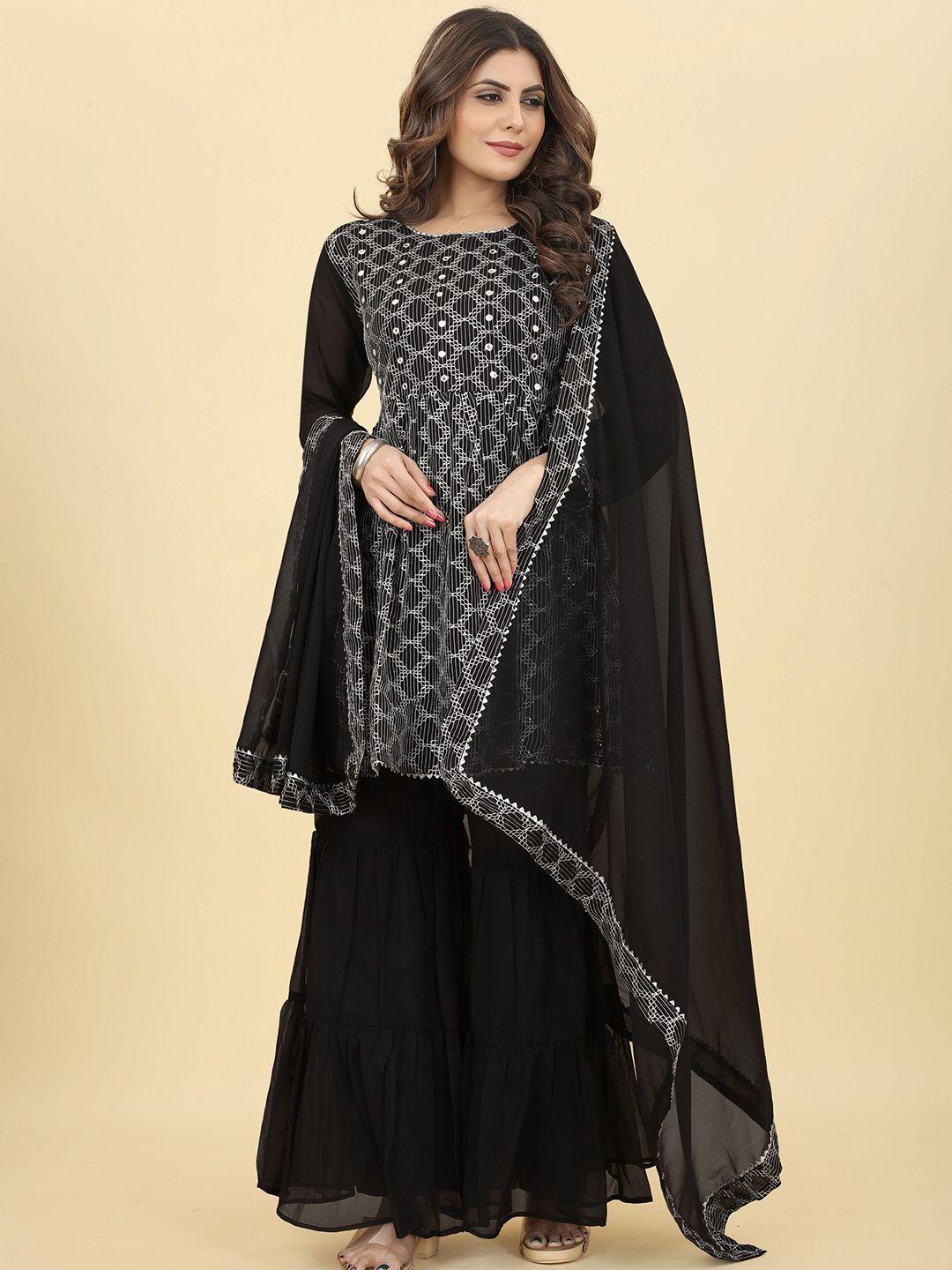 kalini embroidered mirror work anrakali georgette kurta with sharara & dupatta