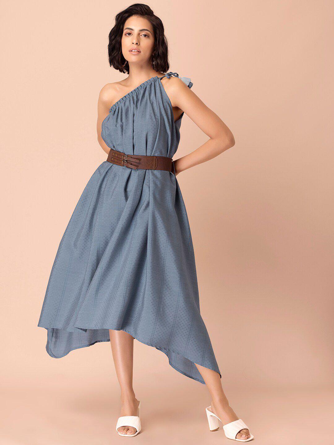 indya self-design one shoulder dress with leather belt