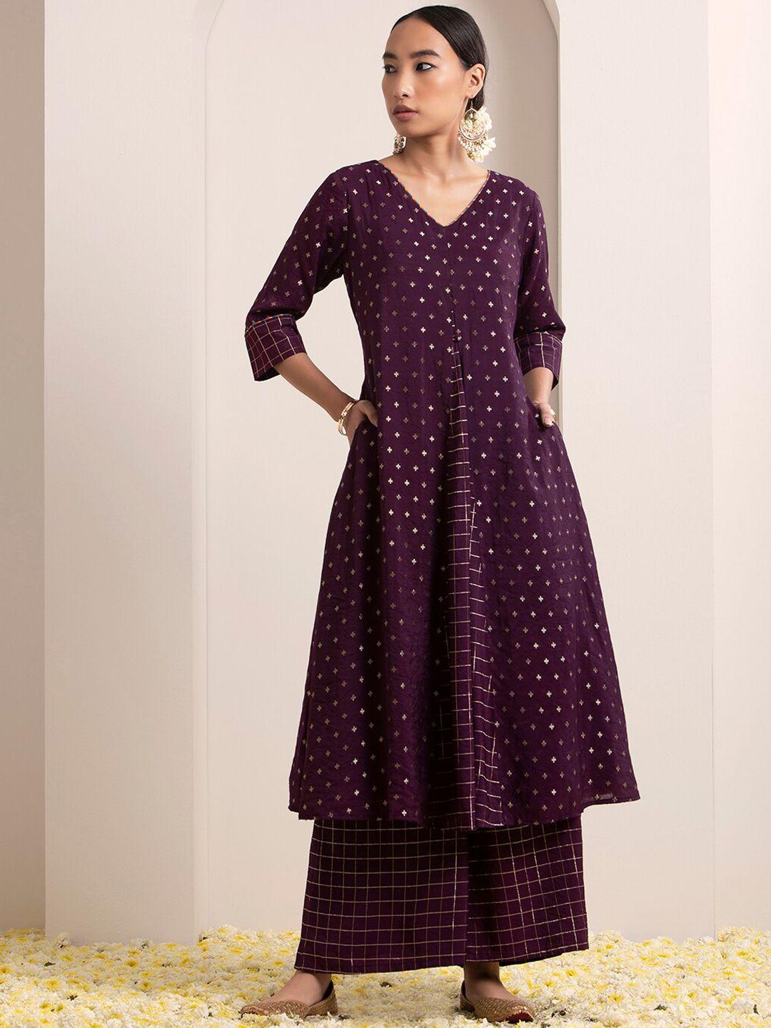 indya geometric printed v-neck boota pure cotton a-line kurta