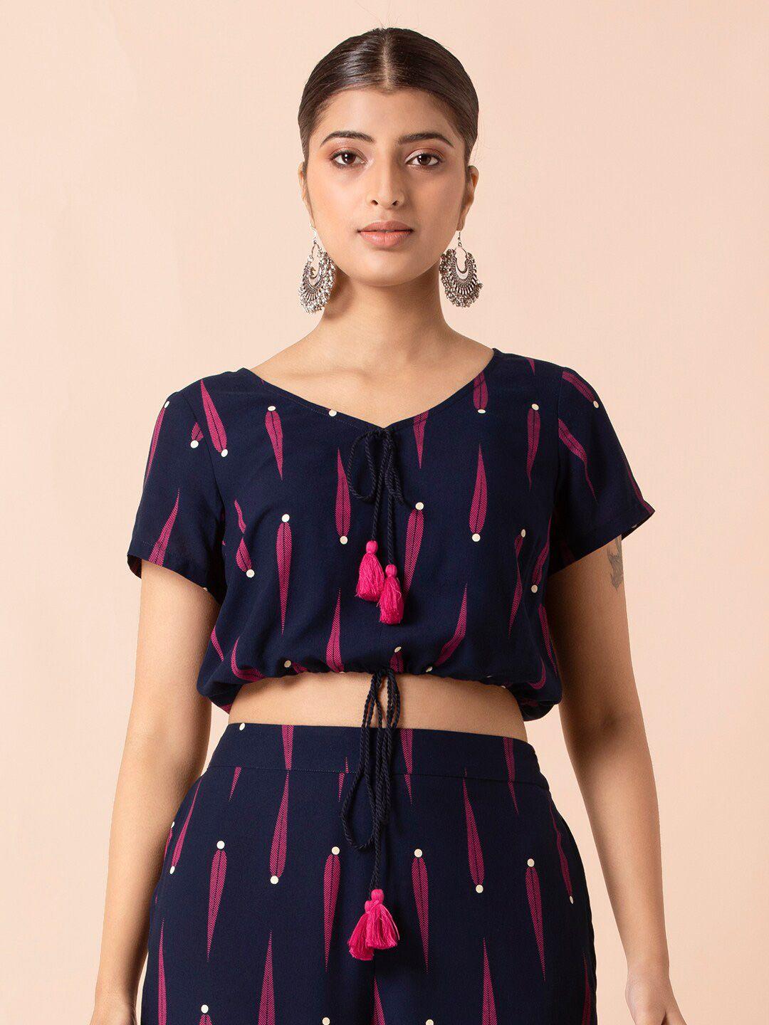 indya printed v-neck drawstring waist crop top