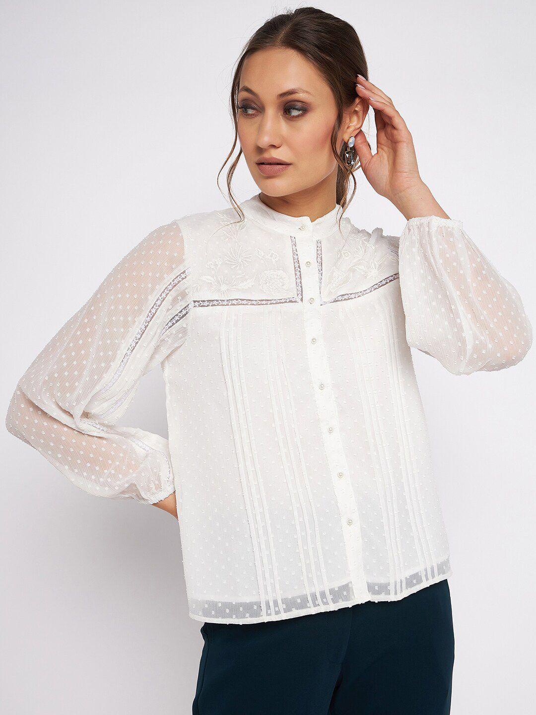 antheaa geometric self design puff sleeves shirt style top