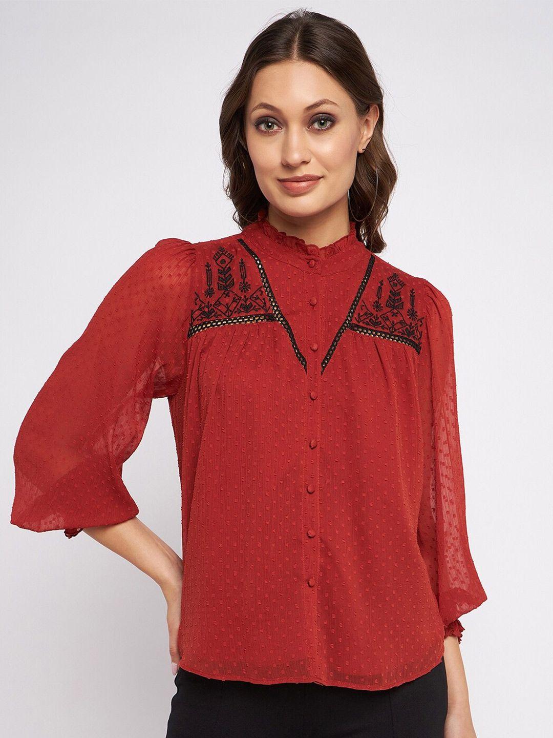 antheaa self design yoke embroidered mandarin collar puff sleeves chiffon shirt style top