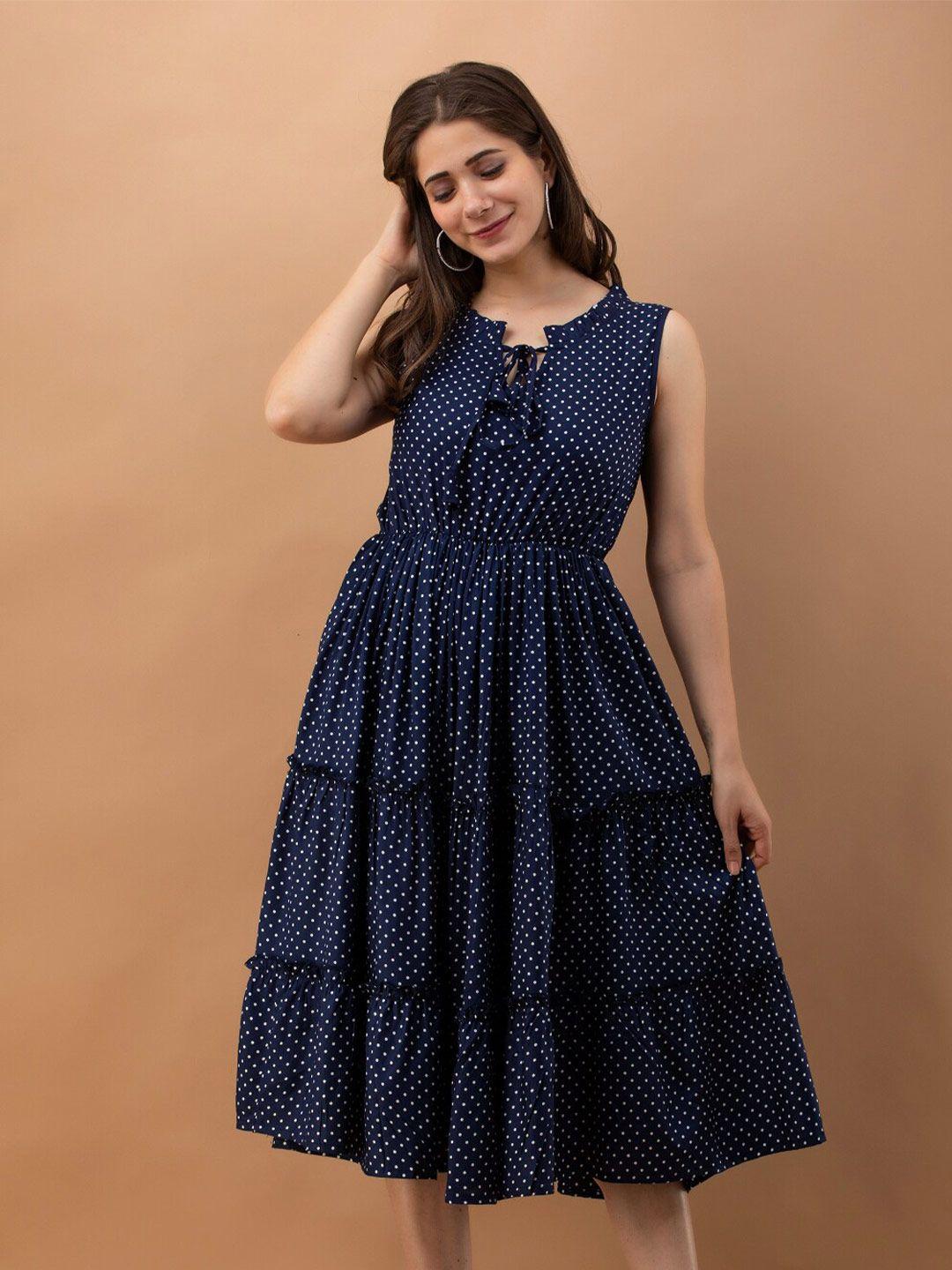 daevish polka dots printed tie-up neck tiered fit & flare dress