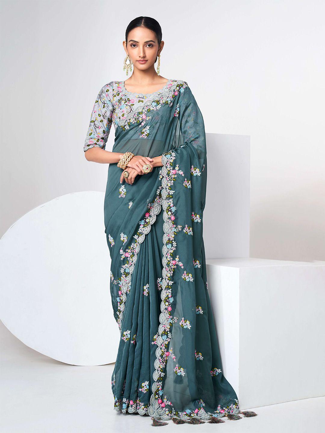 fusionic floral embroidered organza saree