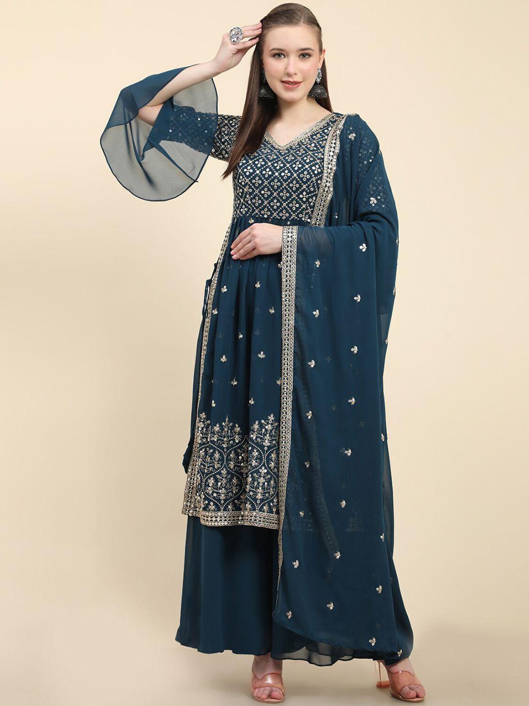 kalini floral embroidered thread work pleated kurta with sharara & dupatta