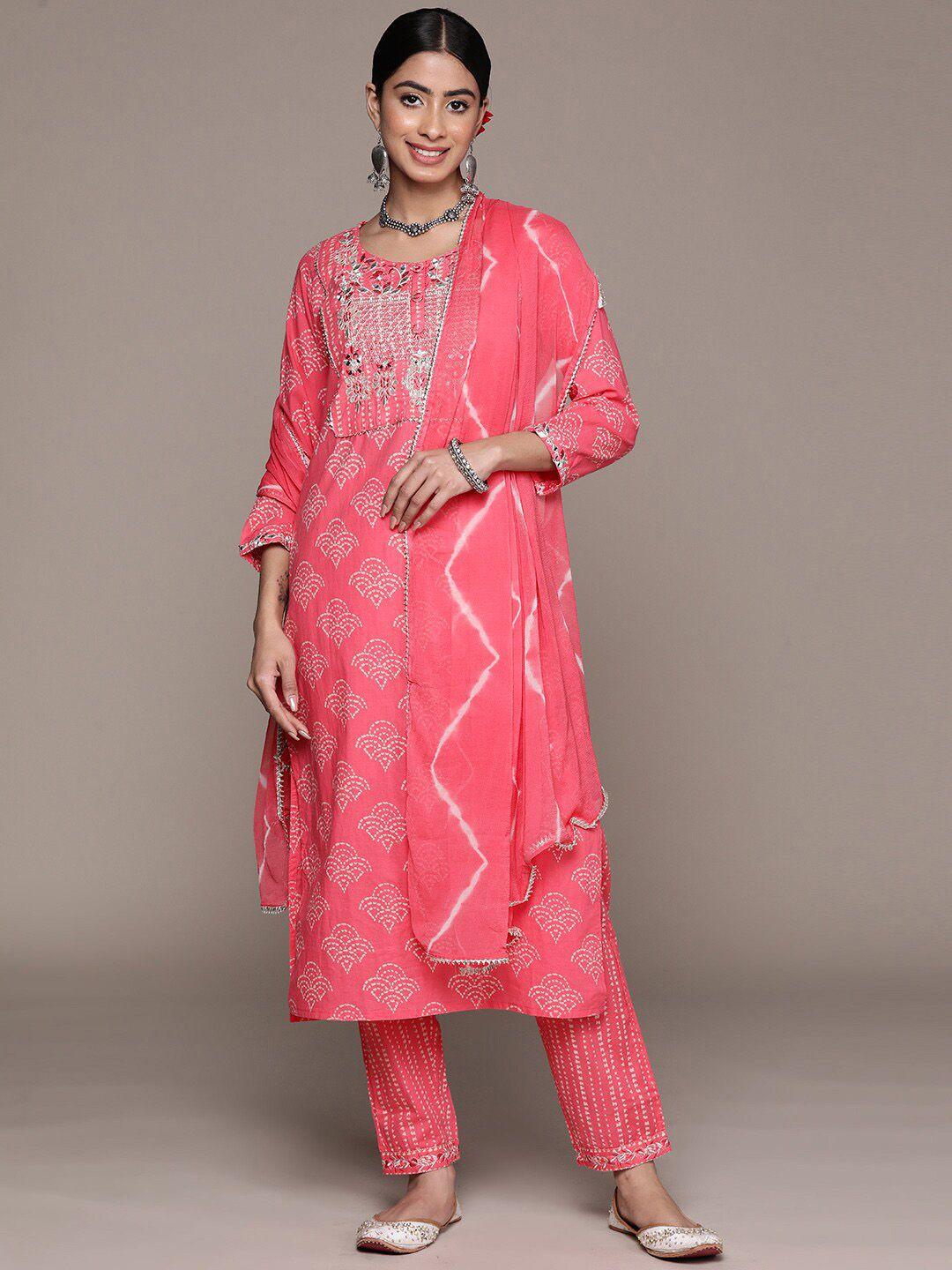 ishin bandhani printed mirror work pure cotton straight kurta with trousers & dupatta