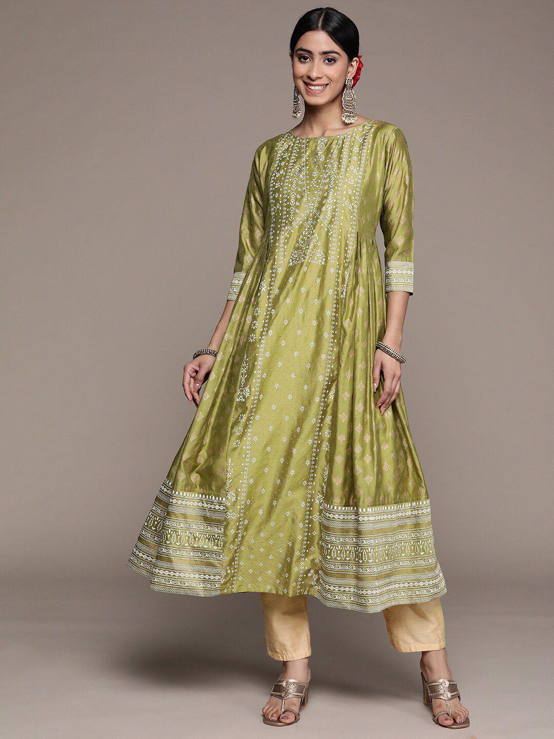 ishin ethnic motifs printed beads and stones silk blend anarkali kurta