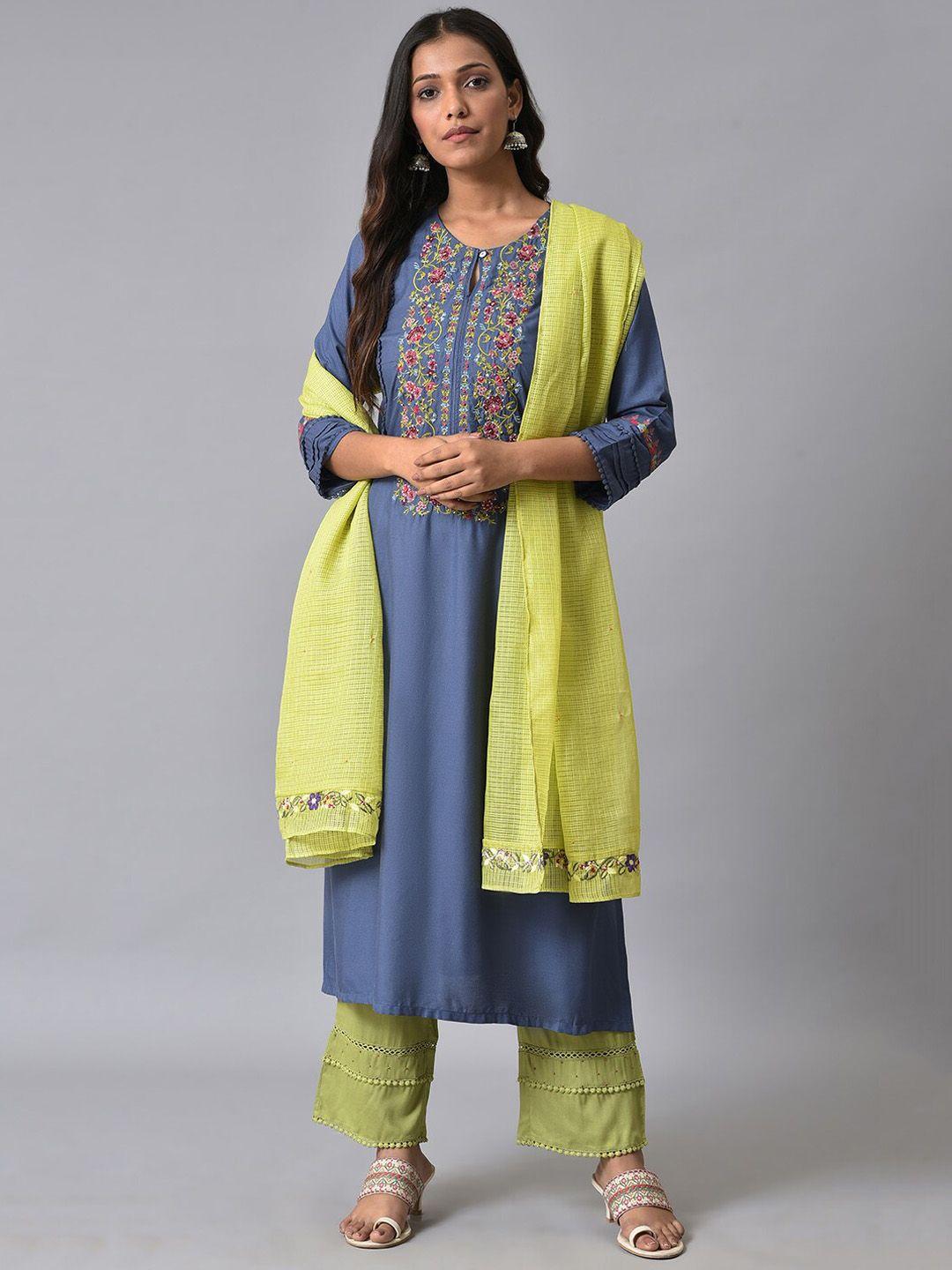 w floral thread work straight kurta with trousers & dupatta