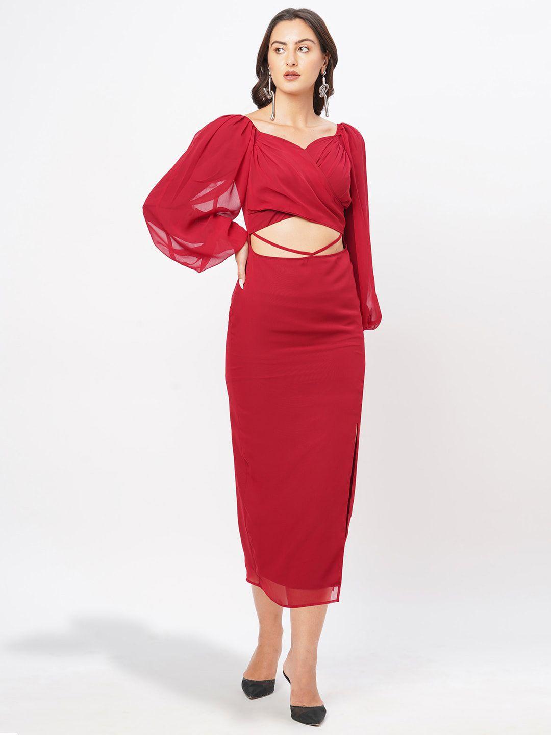 mish maroon georgette sheath midi dress