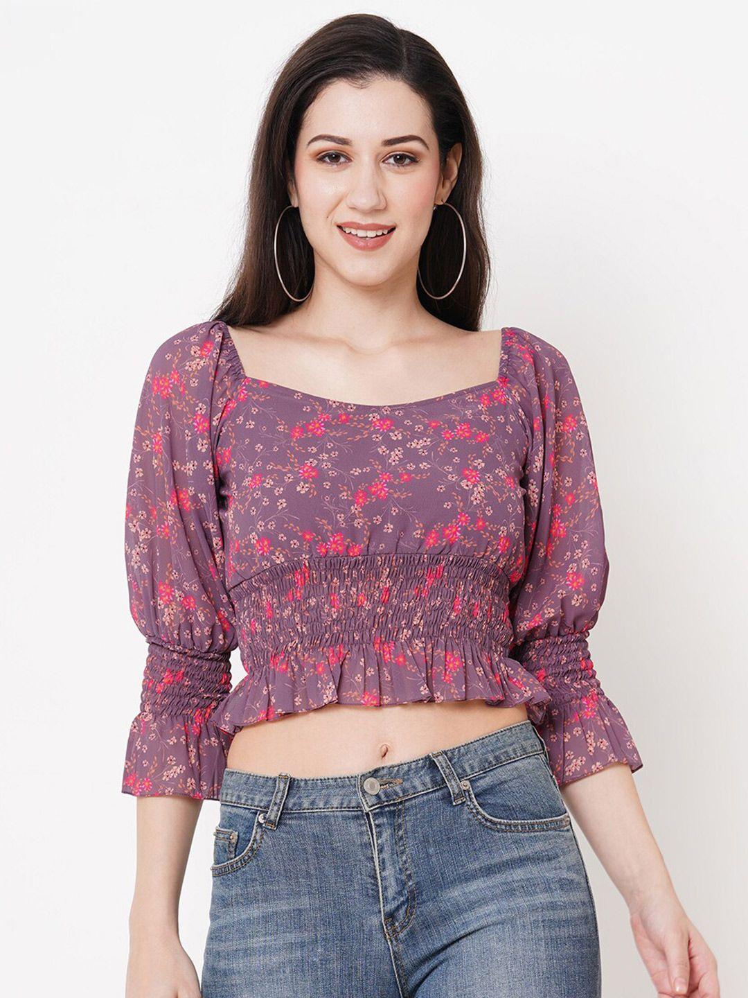 mish floral print smocked georgette cinched waist crop top