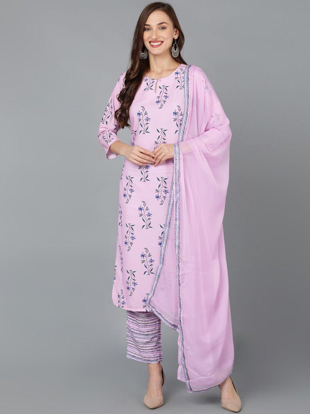 ahika floral printed keyhole neck kurta with trousers & dupatta