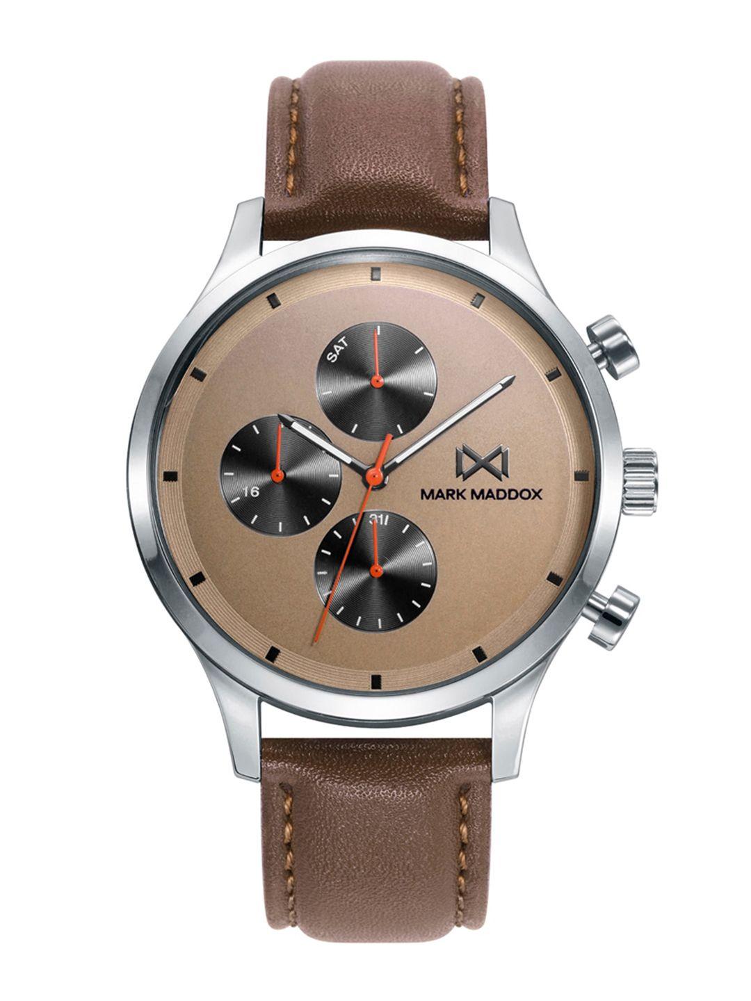 mark maddox men round dial & leather straps analogue watch -hc7138-46