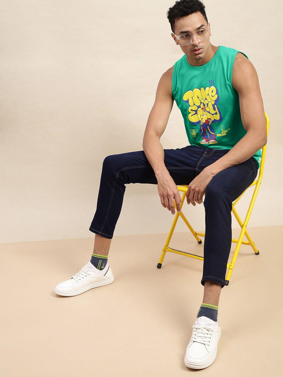 veirdo mint green & yellow typography printed cotton t-shirt