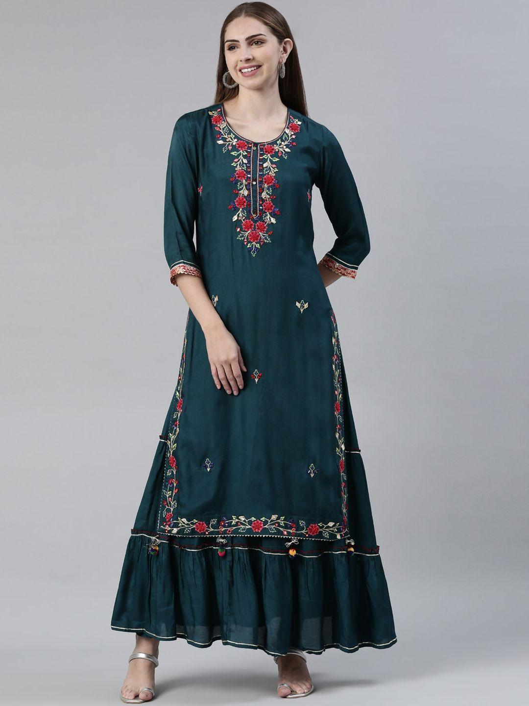 neerus floral embroidered thread work straight kurta