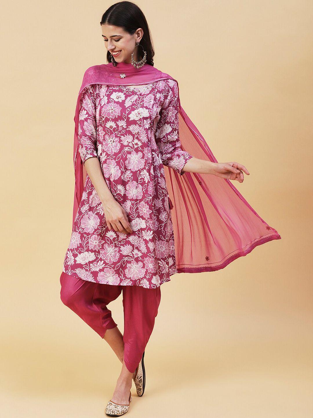 fashor floral printed screen sequinned kurta with dhoti pants & dupatta