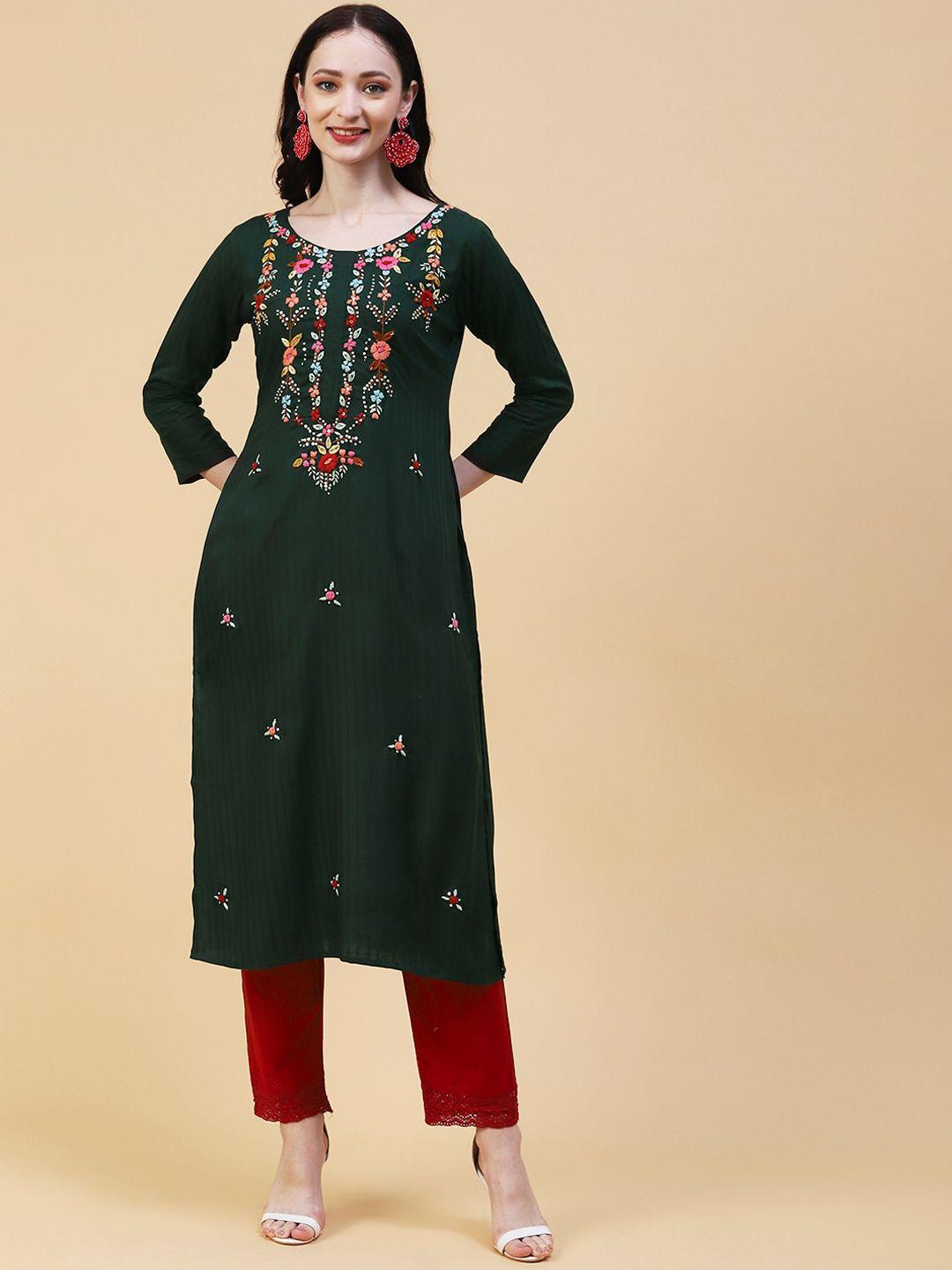 fashor floral embroidered thread work straight kurta