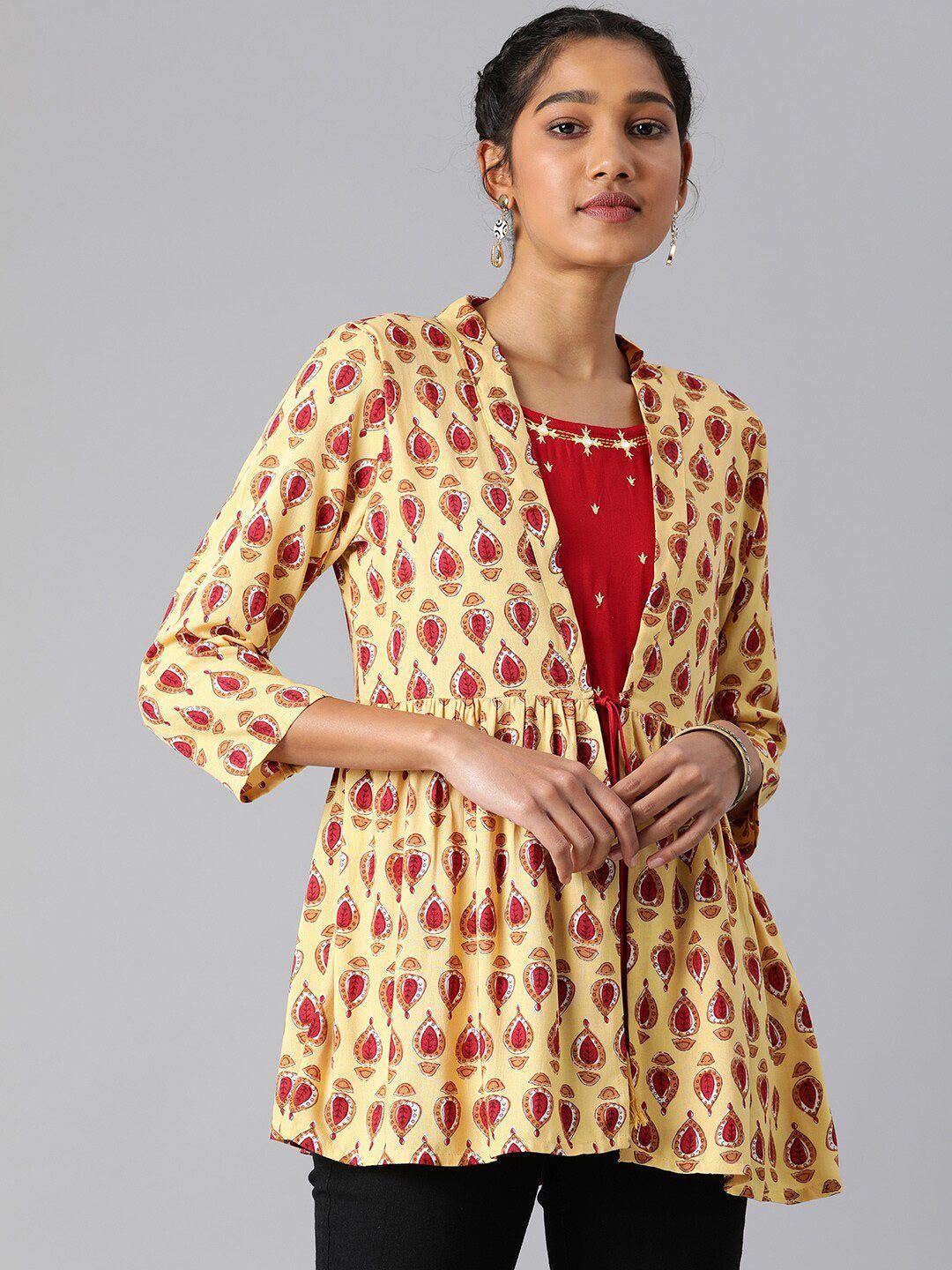 malhaar ethnic motifs printed round neck layered a-line top