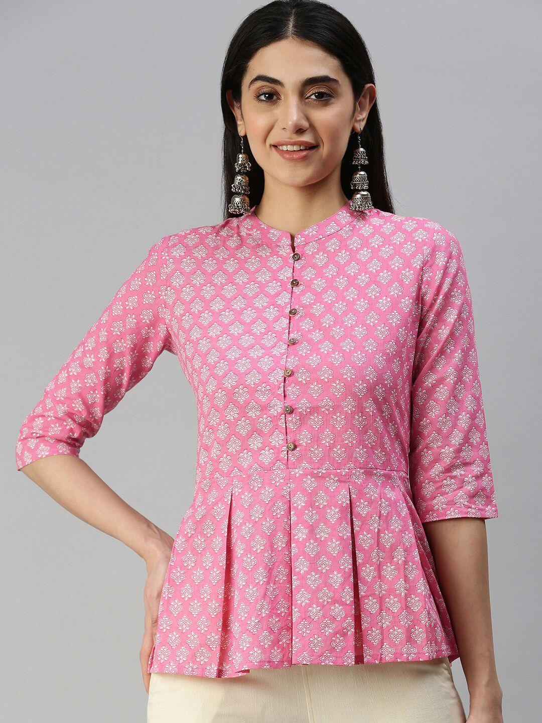 malhaar ethnic motif print mandarin collar pure cotton peplum top